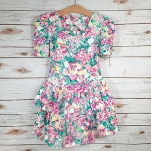 Vintage Racing Ribbons Floral Print Tiered Skirt Cottagecore Dress Cut Out Back